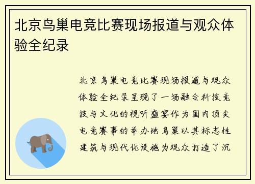 北京鸟巢电竞比赛现场报道与观众体验全纪录