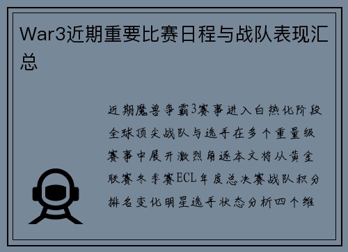 War3近期重要比赛日程与战队表现汇总