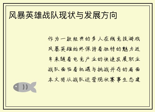 风暴英雄战队现状与发展方向